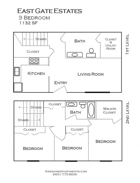 Floor plan for 3 beds, 1.5 baths, 1132 sqft